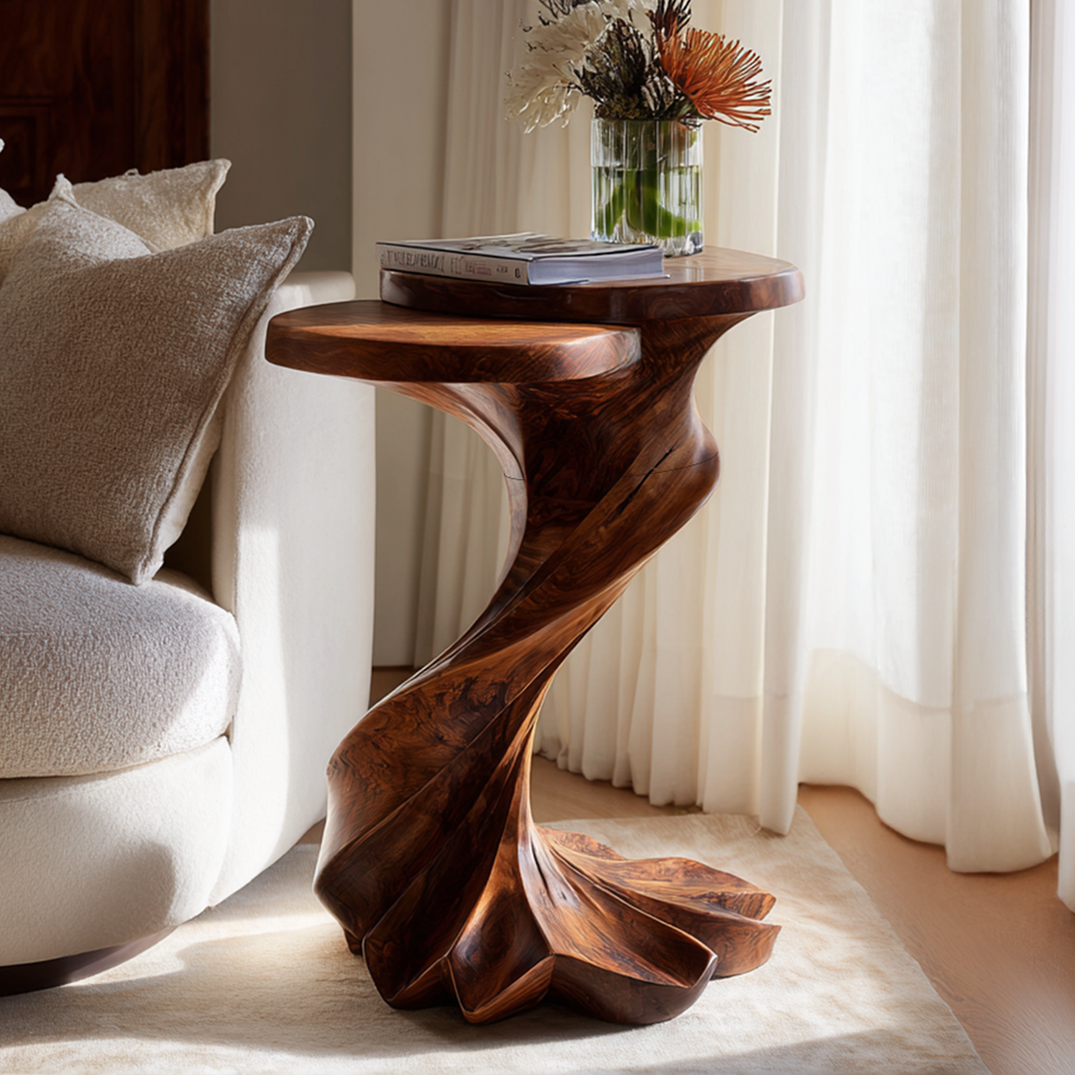 Hand-Carved Twisted Solid Wood Accent Table