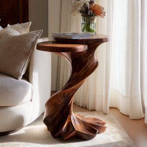 Hand-Carved Twisted Solid Wood Accent Table