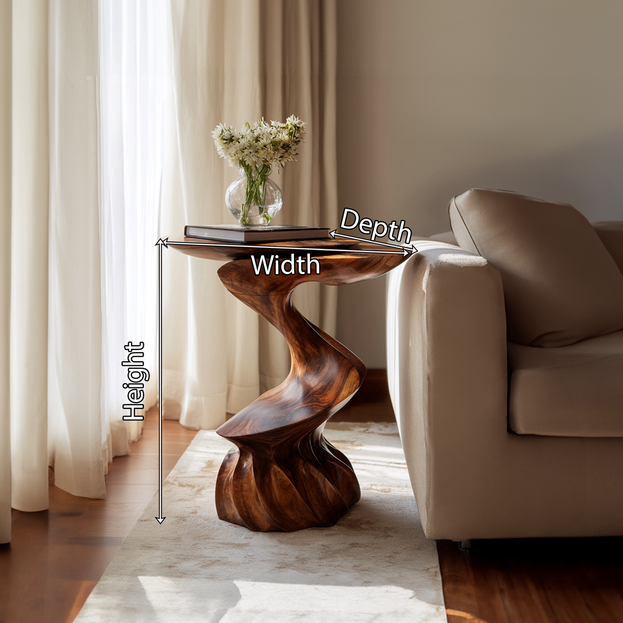 Twisted Sculptural Solid Wood Side Table