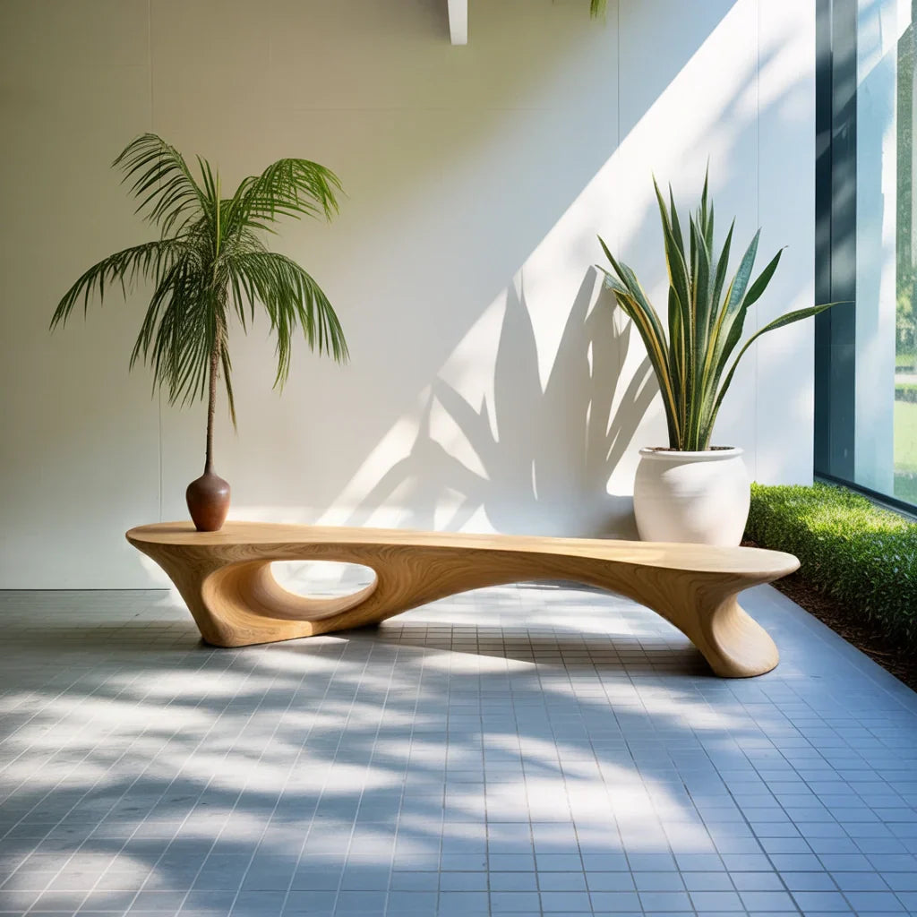 Sculpted Solid Wood Bench with Hollow Cutout for Modern Interior