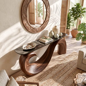 Console Table Solid Wood with Sculptural Wave Loop Base and Dark Top