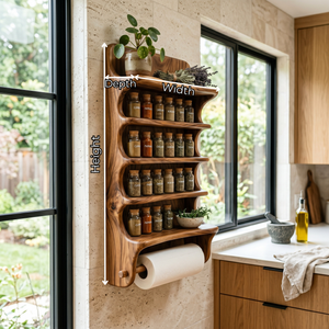 Solid Wood Wall Mounted Spice Organizer with Curved Shelves and Paper Towel Bar