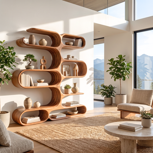 Handcrafted Solid Wood Organic Wall Bookcase with Curved Open Shelves