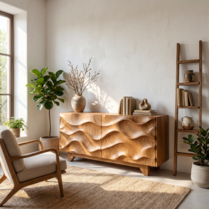 Sideboard Solid Wood with Sculptural Flowing Wave Relief Doors for Entryway Decor