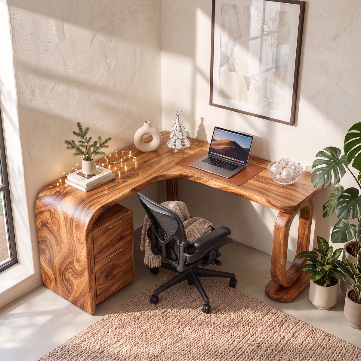 Handcrafted Solid Wood Desk with Sculptural Loop Leg and Built In Drawers