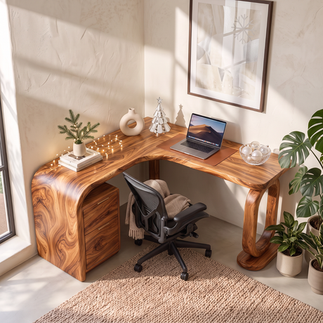 Handcrafted Solid Wood Desk with Sculptural Loop Leg and Built In Drawers