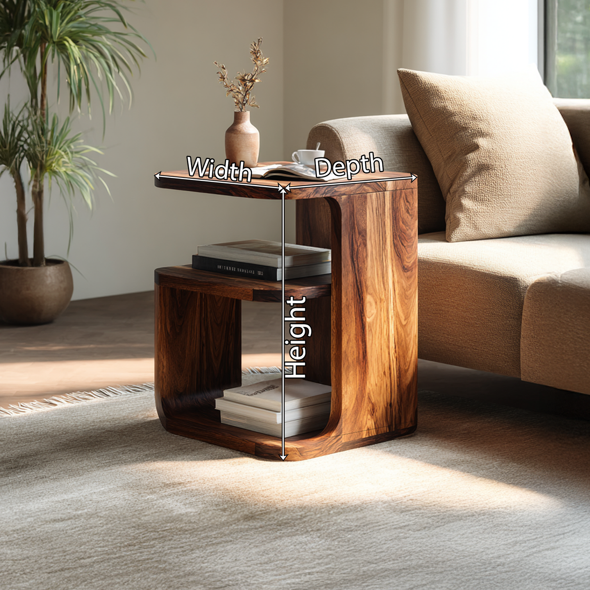 Modern Solid Wood C-Shaped End Table with Storage Shelf