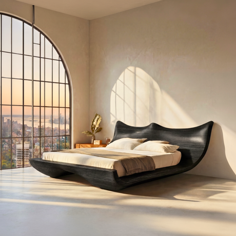 Sculptural Wood Platform Bed with Organic Wave Headboard, Modern Statement Bed Frame for Minimalist Interiors