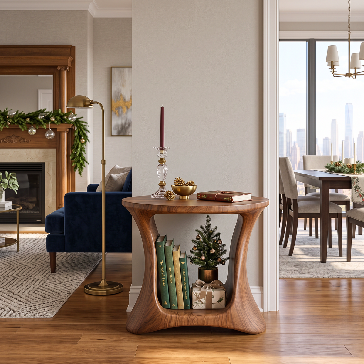 Handcrafted Solid Wood Side Table with Open Book Storage and Sculptural Curved Base