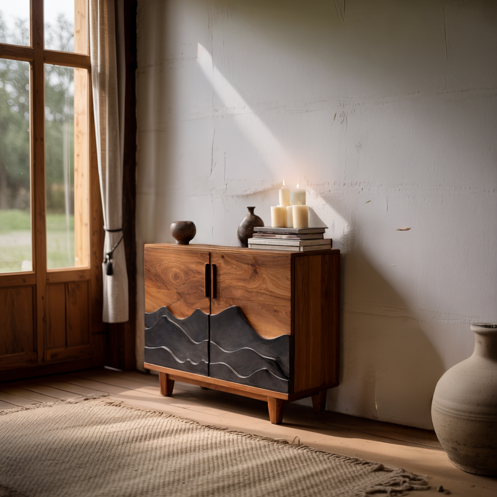 Solid Wood Sideboard with Carved Wave Design Modern Rustic Storage Cabinet Statement Buffet for Living Room