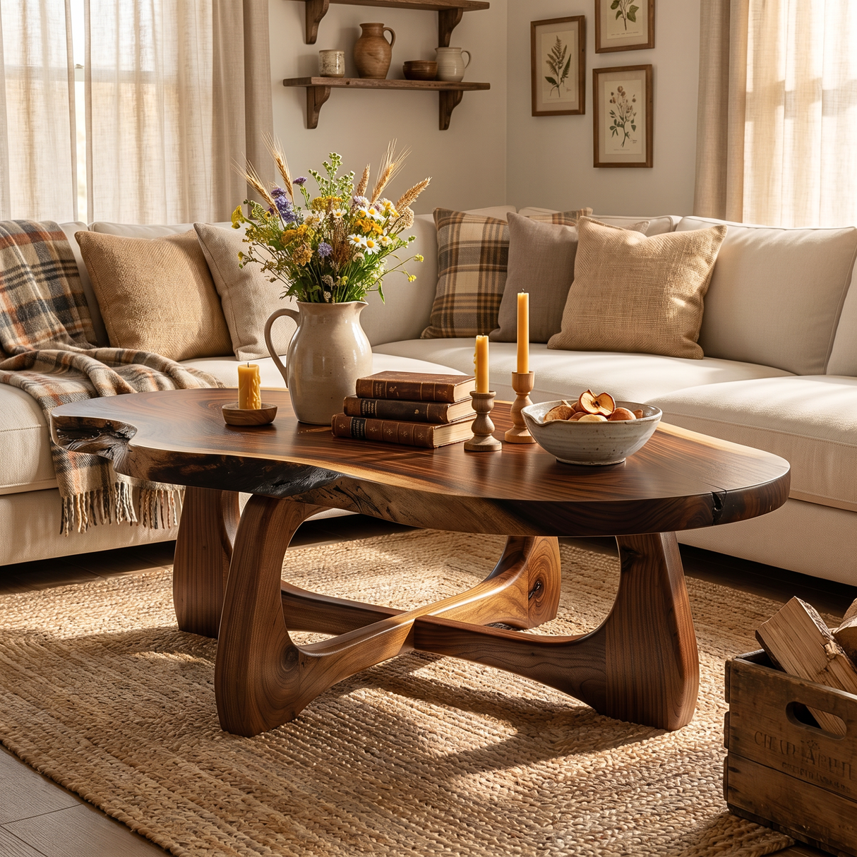 Live Edge Solid Wood Coffee Table with Sculptural Open Base