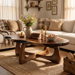 Live Edge Solid Wood Coffee Table with Sculptural Open Base