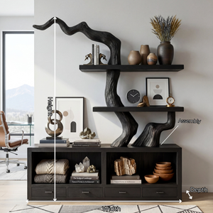 Solid Wood Bookshelf with Sculptural Tree Form and Storage Base