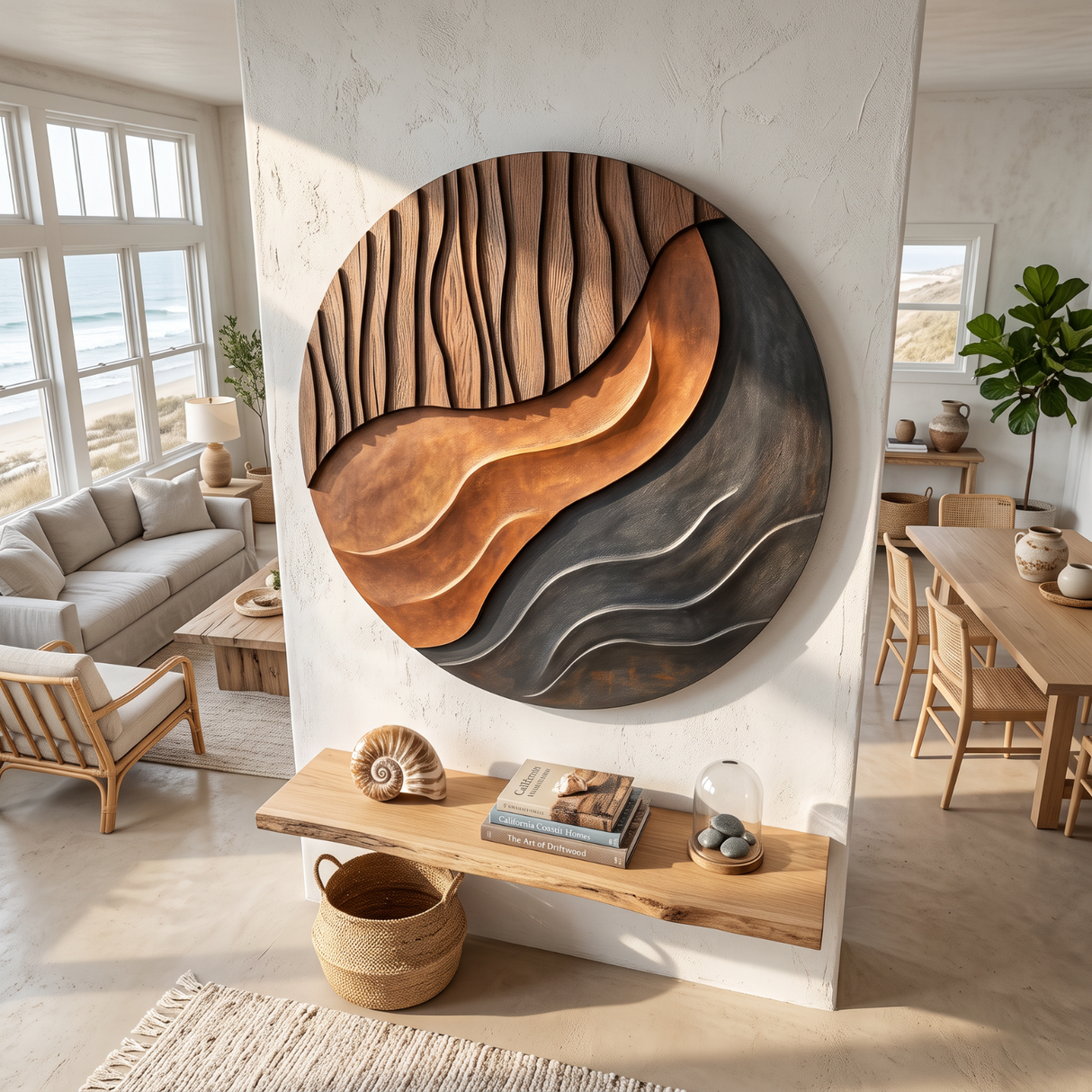 Solid Wood Round Wall Art with Layered Wave Relief for Living Room Decor