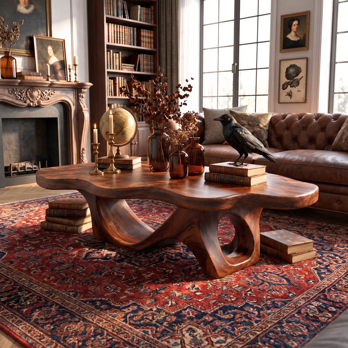 Coffee Table Solid Wood with Sculptural Double Loop Base for Living Room