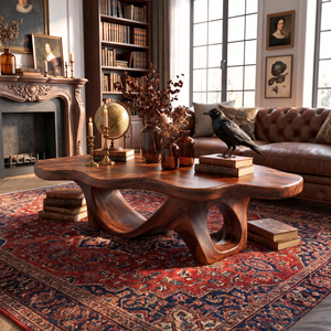 Coffee Table Solid Wood with Sculptural Double Loop Base for Living Room