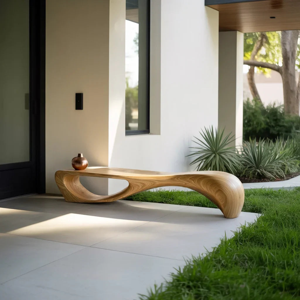 Organic Solid Wood Bench with Flowing Arch Base for Modern Space