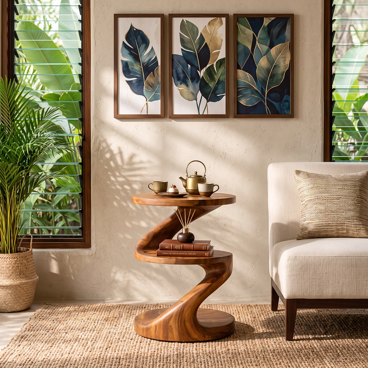 Handcrafted Solid Wood Side Table with Sculptural S Curve Design