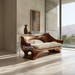 Organic Sculptural Solid Wood Bench with Cushion Handcrafted Modern Artistic Seating