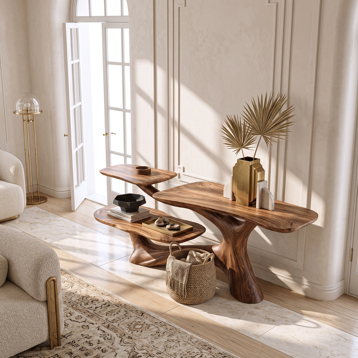 Console Table Solid Wood with Organic Multi Level Shelf Base for Entryway Decor