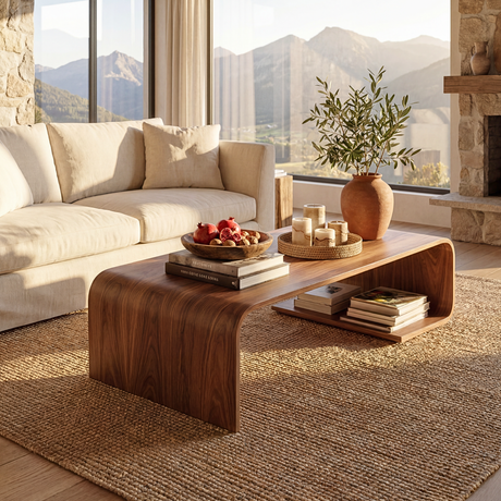 Solid Wood Coffee Table with Curved Waterfall Frame and Shelf