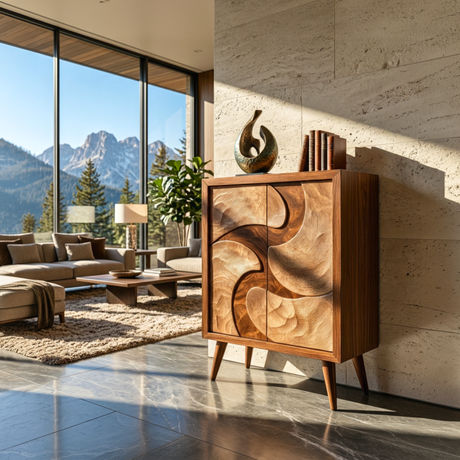 Solid Wood Sideboard with Sculptural Organic Relief Doors for Modern Living Spaces