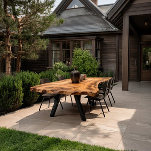 Live Edge Solid Wood Dining Table with Sculptural X Base for Modern Homes