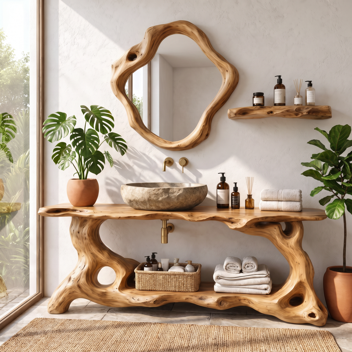 Bathroom Vanity Solid Wood with Organic Root Base and Open Shelf Storage