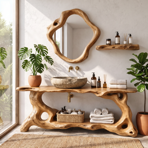 Bathroom Vanity Solid Wood with Organic Root Base and Open Shelf Storage