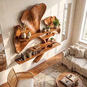 Solid Wood Ginkgo Leaf Wall Shelf Sculpture for Living Room Decor