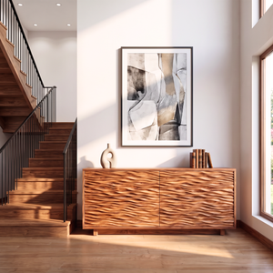 Sideboard Solid Wood with Sculptural Horizontal Wave Carved Doors
