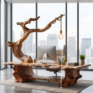 Solid Wood Sculptural Desk With Integrated Hanging Lamp Organic Modern Artistic Workspace Table