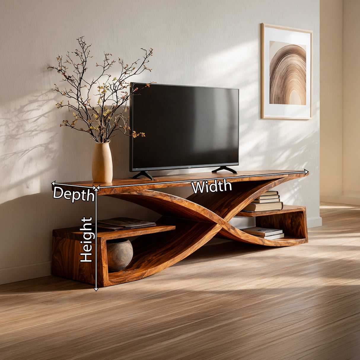 Sculptural Solid Wood TV Console with Curved Base
