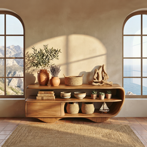 Sculptural Solid Wood Sideboard with Open Shelving and Drawer