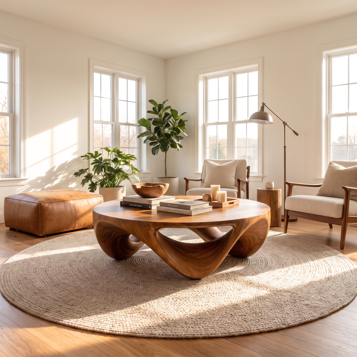 Coffee Table Solid Wood with Sculptural Triple Loop Base for Living Room