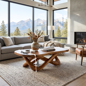 Handcrafted Solid Wood Coffee Table with Interwoven Sculptural Base and Rounded Top