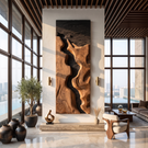Abstract Solid Wood Wall Art with Freeform Canyon Relief and Dark Textured Background