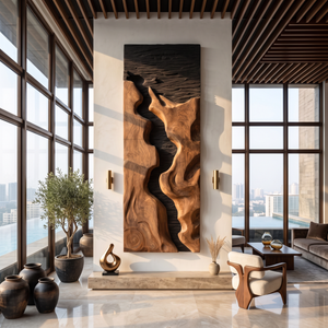 Abstract Solid Wood Wall Art with Freeform Canyon Relief and Dark Textured Background