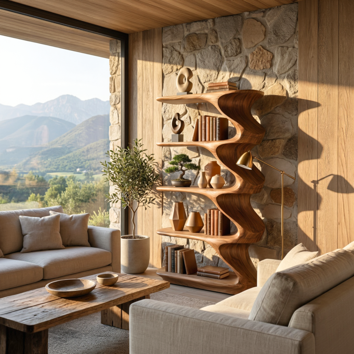 Solid Wood Sculptural Display Shelf with Flowing Curves for Organic Modern Interiors