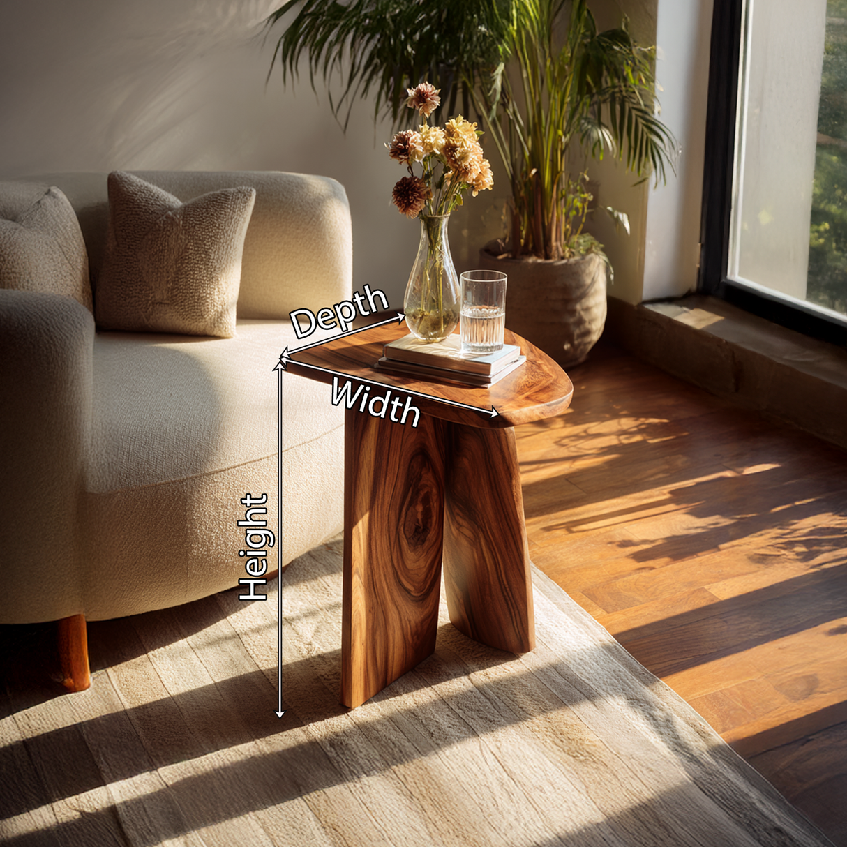 Asymmetrical Solid Wood Side Table with Sculpted Legs