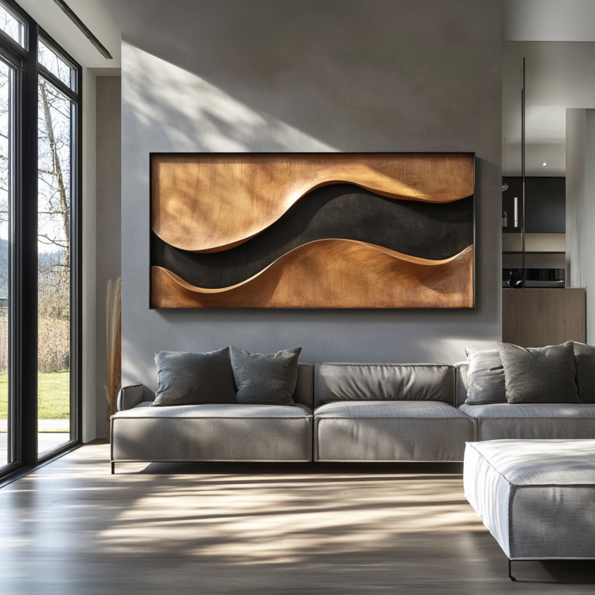 Sculptural Wood Wall Art Panel with Black Wave