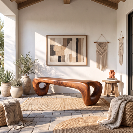 Bench Solid Wood with Sculptural Loop Legs and Flowing Live Edge Seat