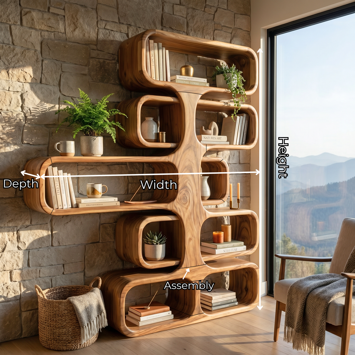 Organic Solid Wood Tree Bookshelf with Sculptural Open Shelves