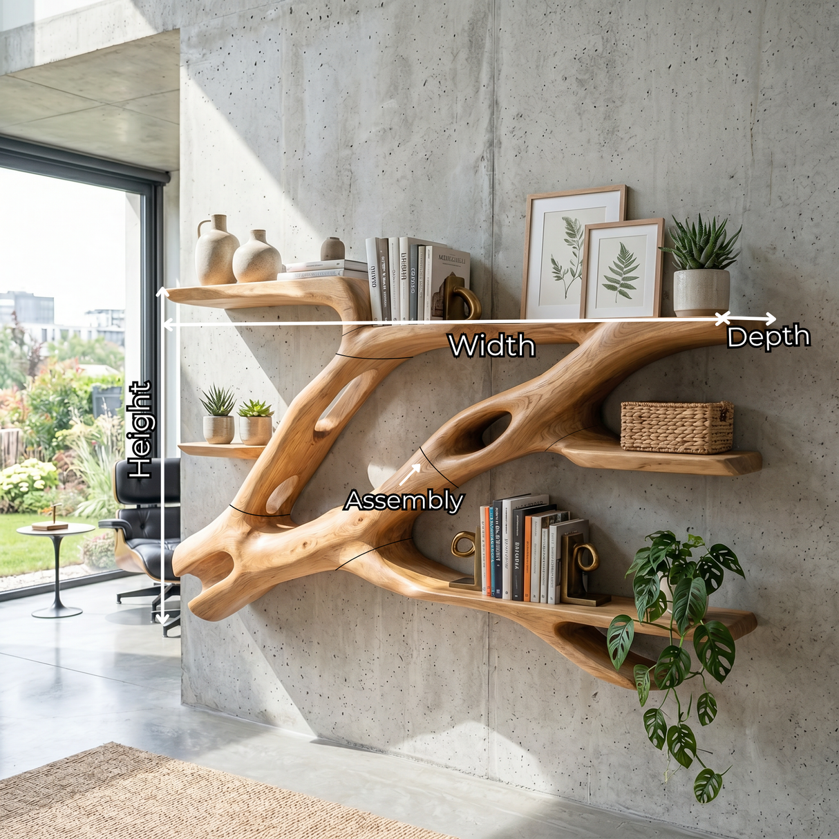 Sculptural Solid Wood Wall Bookshelf with Flowing Branch Shelves