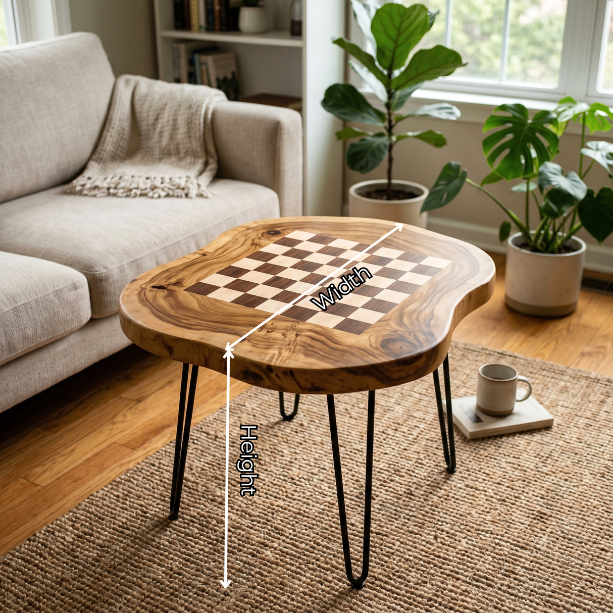 Handcrafted Solid Wood Chess Coffee Table with Organic Freeform Top and Hairpin Legs