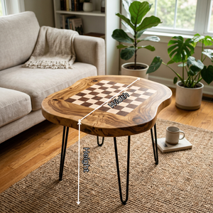 Handcrafted Solid Wood Chess Coffee Table with Organic Freeform Top and Hairpin Legs