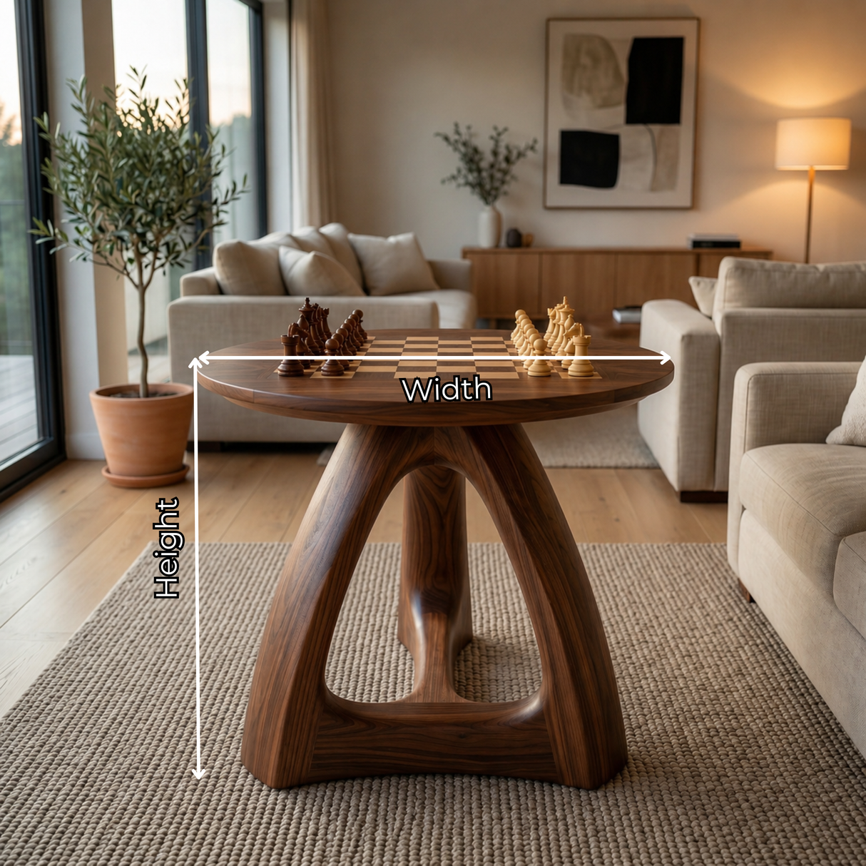 Artisan Solid Wood Round Chess Table with Sculptural Open Pedestal Base