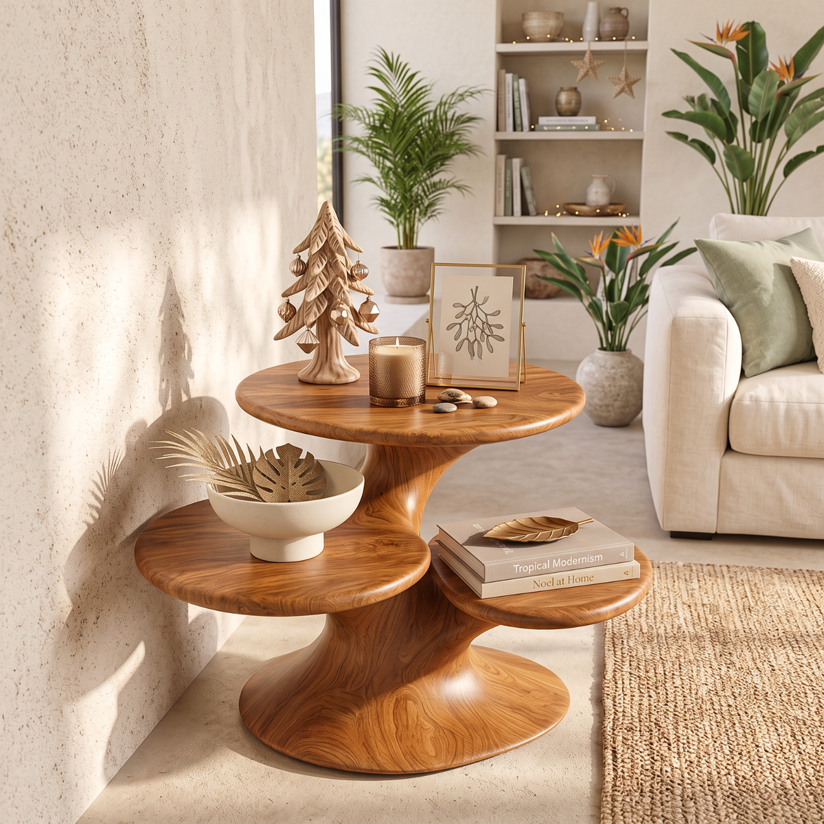 Sculptural Solid Wood Side Table with Three Tier Organic Shelves