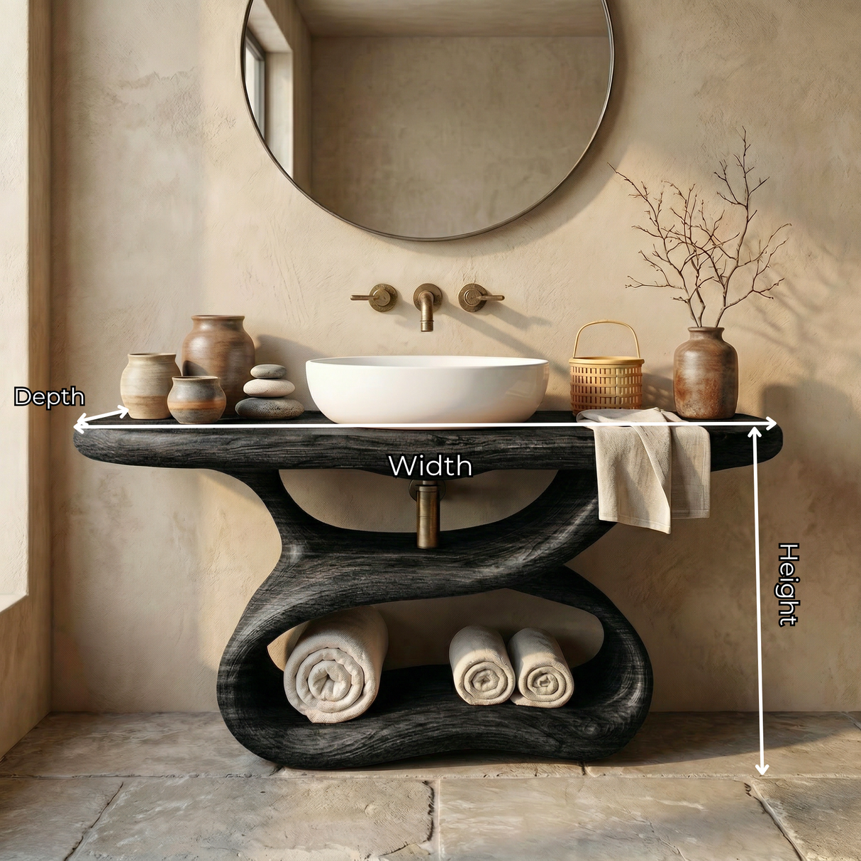 Sculptural Solid Wood Bathroom Vanity with Open Shelf Base