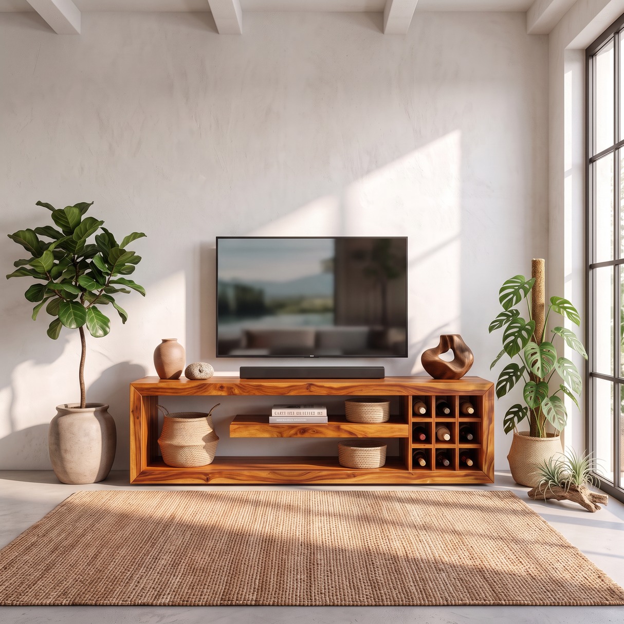 TV Console Solid Wood with Open Media Shelves and Side Cubby Storage for Living Room